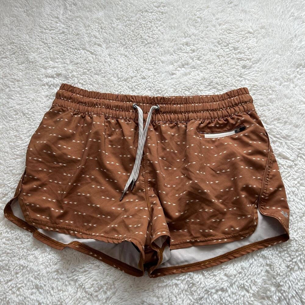 Vuori Women's Athletic Shorts in Rust Brown with White Accents